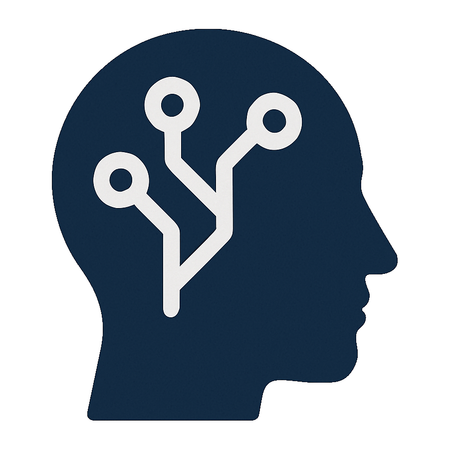 Icon showing a dark blue human head profile in silhouette with white circuit board pattern inside representing artificial intelligence or digital thinking